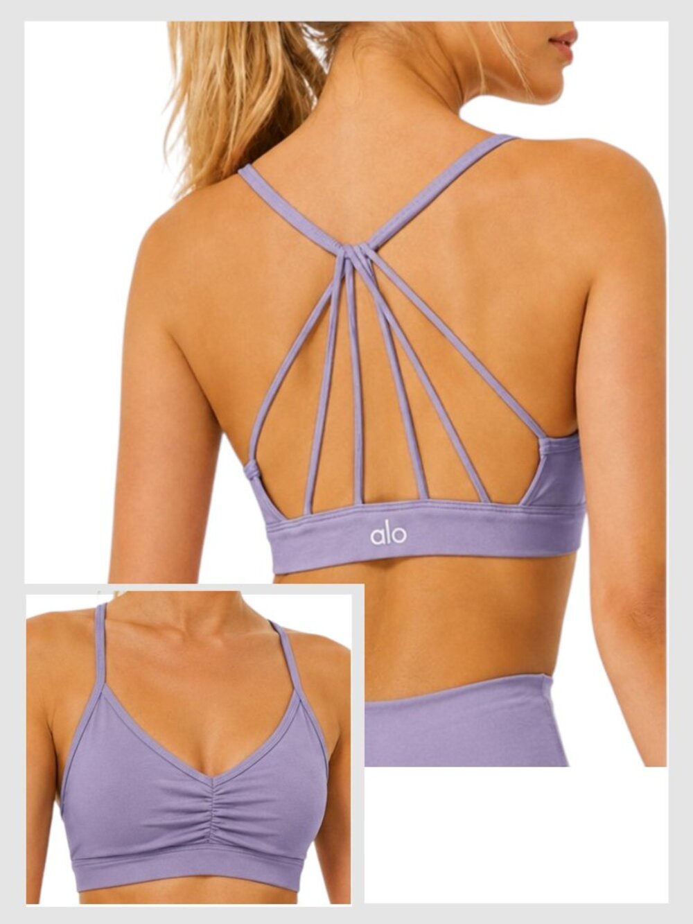 Alo Yoga Sunny Strappy Bra Lavender Purple Strappy Back Ruched Front M